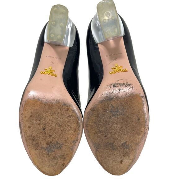 Prada Black Patent Leather Peep Toe 3" Lucite Block Heels, EU Size 37 or US 6.5 - Picture 5 of 12